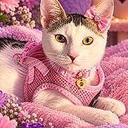 Ray is registered to the contest to win money with this photo: cat, pet, portrait, close_up, white_cat, tabby_cat, pink_bow, harness, collar, tag, flowers, blanket, plush, pink, purple, heart, cozy, indoors, decorated, cute