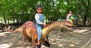 Aadvi is registered to the contest to win money with this photo: child, dinosaur, playground, outdoor, trees, greenery, park, play, sculpture, nature, fun, casual_clothing, sand, daylight, smiling, cute, two_children, recreation, adventure, imagination
