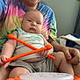 Jack joined the competition — help win amazing prizes! baby, child, person, drumsticks, toy, tie_dye_shirt, lap, indoor, curtain, blanket, shorts, skin, hand, face, expression, seated, window, cozy, casual, home