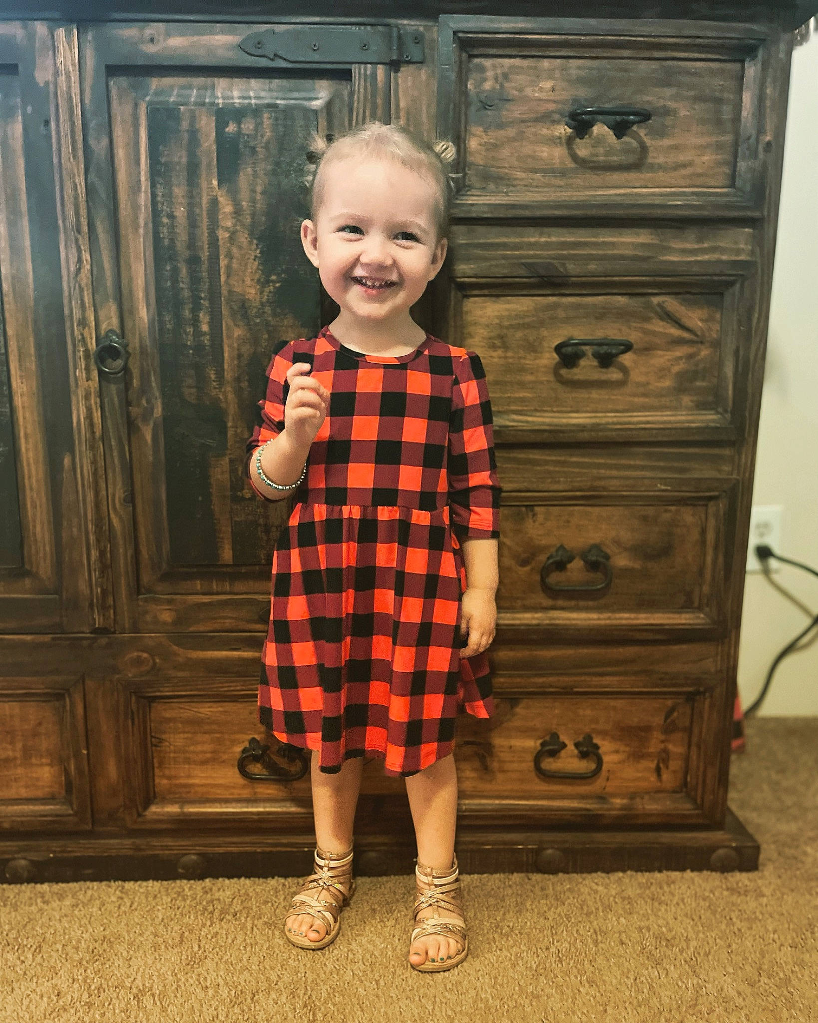 Baylee joined the competition — help win amazing prizes! baby_toddler_clothing, cabinetry, chair, chest, chest_of_drawers, drawer, dress, dresser, happy, hardwood, joy, pattern, person, plaid, sleeve, smile, standing, t_shirt, tartan, tie