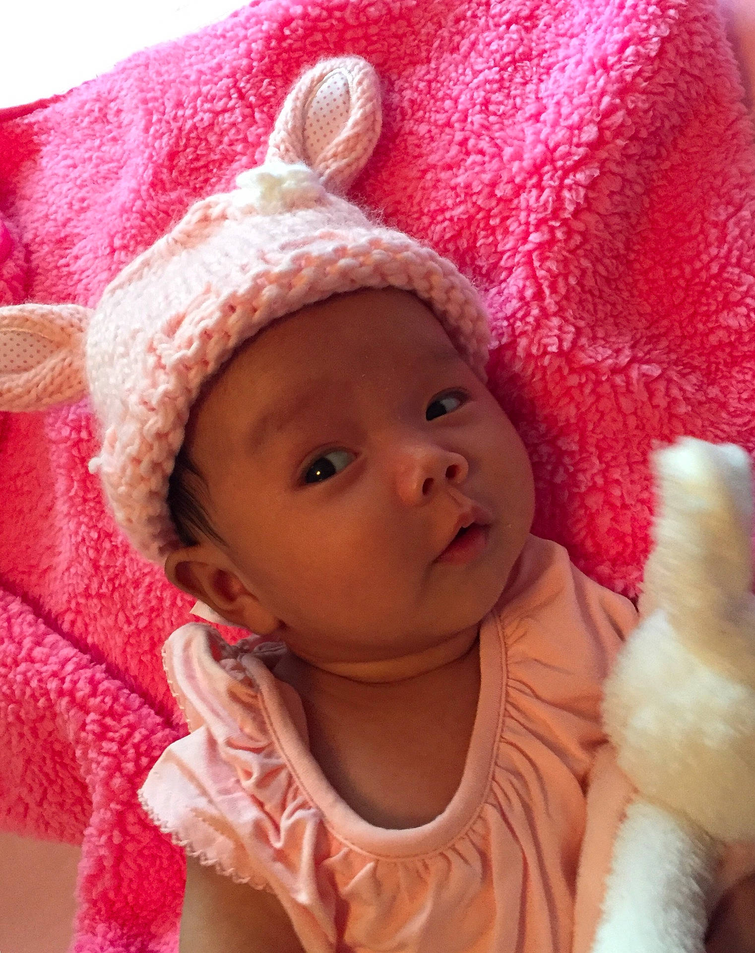 Gloria joined the competition — help win amazing prizes! bonnet, cheek, child, crochet, ear, eye, face, girl, head, headgear, infant, knit_cap, knitting, lip, nose, person, pink, product, skin, textile