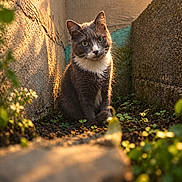 Yumi a rejoint le concours — aidez-le/la à gagner de superbes lots ! cat, gray_cat, white_chest, animal, pet, portrait, sitting, looking_at_camera, green_eyes, whiskers, ears, fur, outdoor, garden, moss, plants, stone_wall, sunset, golden_light, shallow_depth_of_field