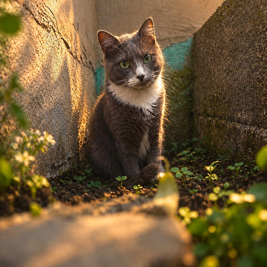 Yumi a rejoint le concours — aidez-le/la à gagner de superbes lots ! cat, gray_cat, white_chest, animal, pet, portrait, sitting, looking_at_camera, green_eyes, whiskers, ears, fur, outdoor, garden, moss, plants, stone_wall, sunset, golden_light, shallow_depth_of_field