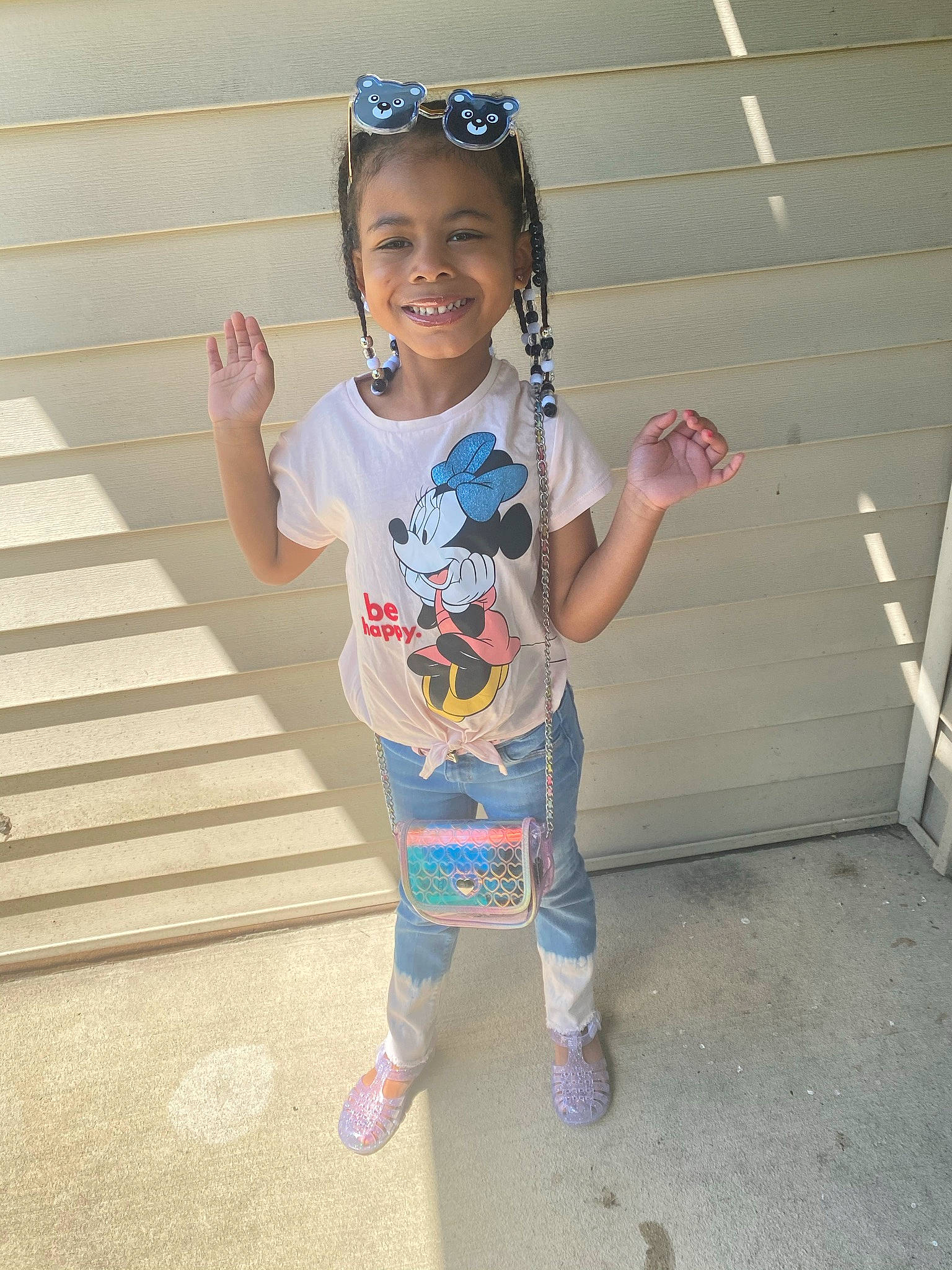 Kaylee is registered to the contest to win money with this photo: baby_toddler_clothing, child, cool, costume, electric_blue, eyewear, fun, hair, happy, head, human_leg, joy, pattern, person, personal_protective_equipment, sleeve, smile, street_fashion, t_shirt, thumb