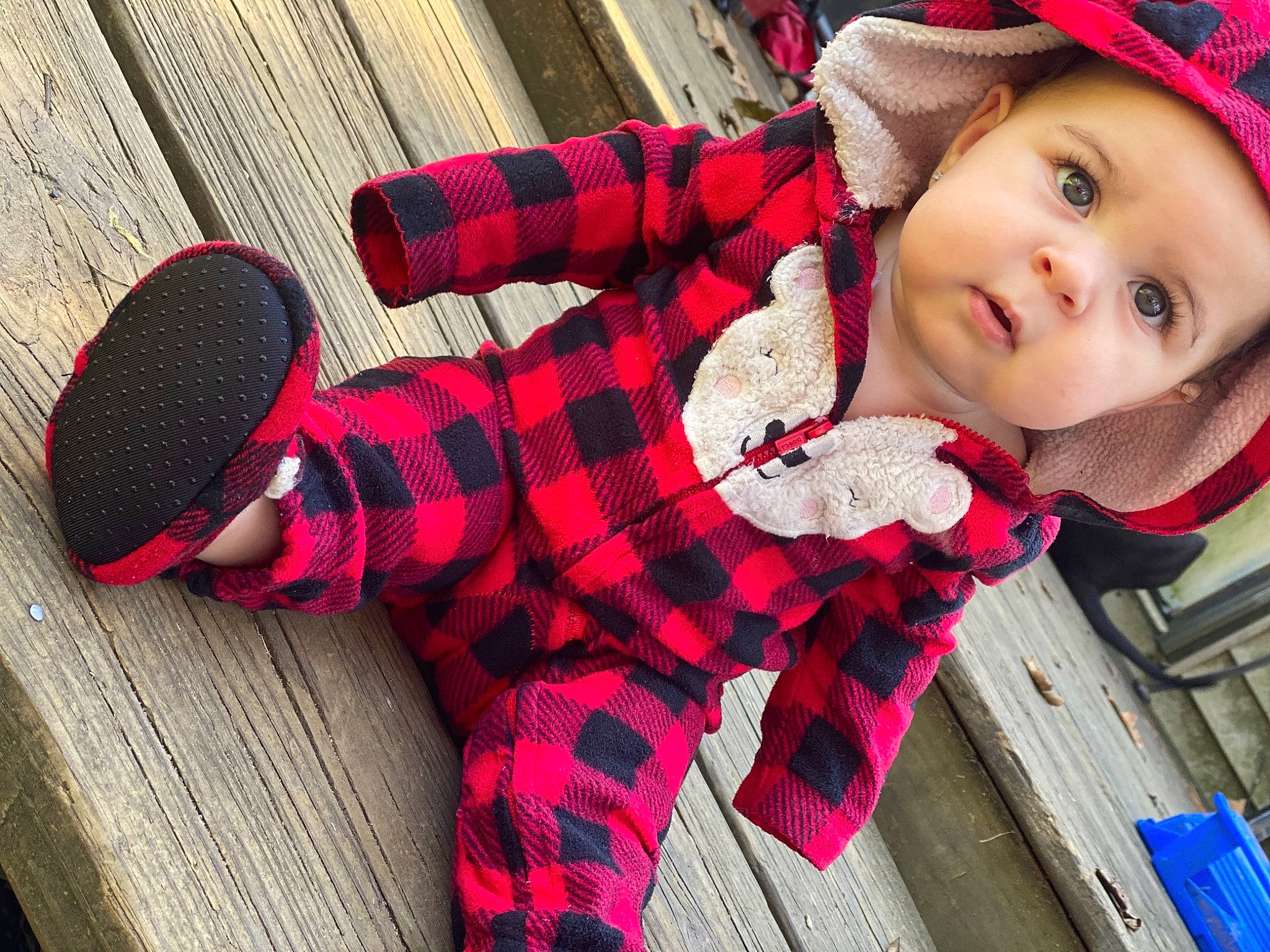 Grayson is registered to the contest to win money with this photo: blue, cap, christmas_ornament, headgear, headwear, human_body, human_leg, outerwear, pattern, person, plaid, red, sleeve, sock, tartan, textile, thigh, toddler, toy, tree