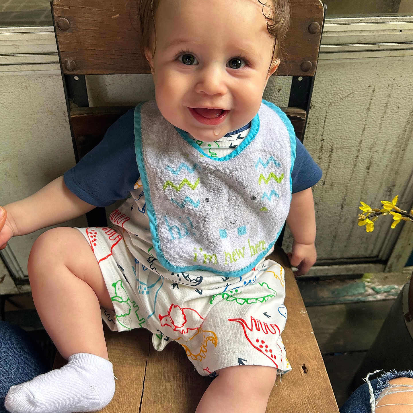 Andrez James joined the competition — help win amazing prizes! baby, bib, child, clothing, cute, dinosaur_print, drool, expression, hair, happy, indoor, person, portrait, rustic_background, shorts, sitting, smiling, sock, wooden_chair, yellow_flower