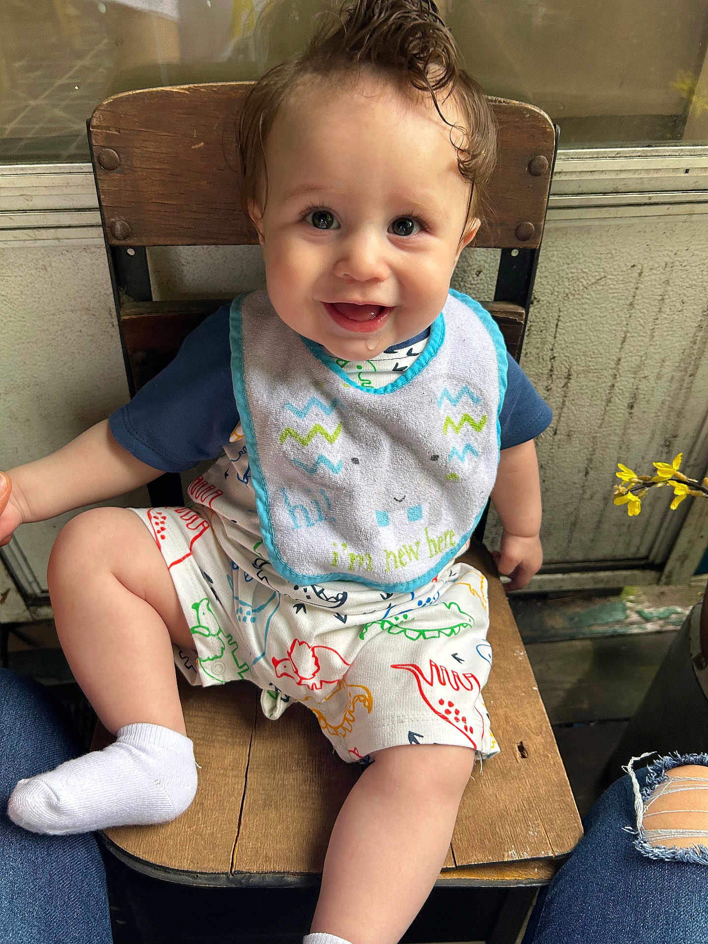 Andrez James joined the competition — help win amazing prizes! baby, child, smiling, bib, dinosaur_print, wooden_chair, drool, cute, happy, sitting, indoor, clothing, shorts, sock, person, portrait, hair, expression, yellow_flower, rustic_background