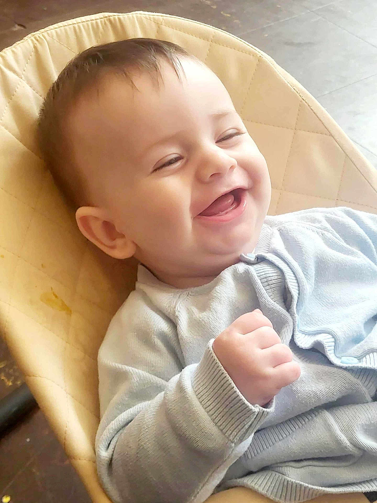 Caolán joined the competition — help win amazing prizes! baby, smile, happy, infant, child, face, clothing, sweater, hand, fist, seat, cushion, indoor, cute, joy, young, person, portrait, skin, head