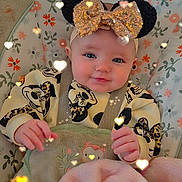 Jayde joined the competition — help win amazing prizes! baby, infant, headband, sparkles, heart_lights, blanket, mickey_mouse, cute, smiling, child, seated, soft_toys, patterned_fabric, indoor, comfort, clothing, face, hands, adorable, portrait