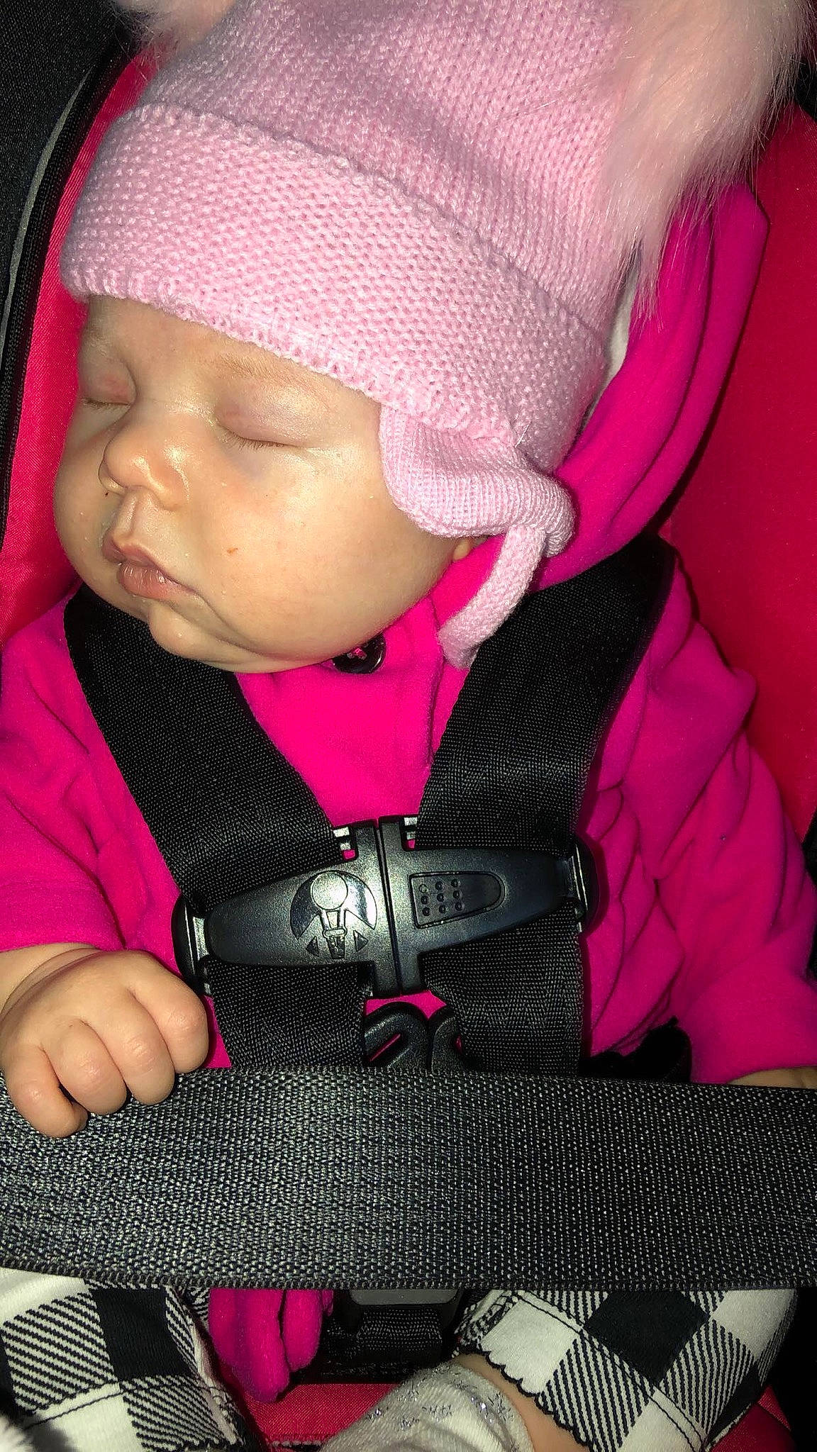 Aubrie joined the competition — help win amazing prizes! baby, baby_carriage, baby_in_car_seat, baby_products, car_seat, cheek, child, finger, hand, headgear, magenta, person, pink, product, seat_belt, toddler
