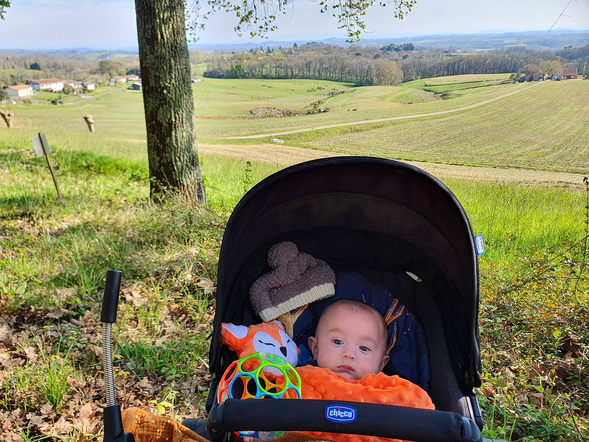 Ethan a rejoint le concours — aidez-le/la à gagner de superbes lots ! baby, baby_carriage, fun, grass, grassland, green, hat, landscape, leisure, pasture, people_in_nature, person, plant, prairie, recreation, rural_area, sitting, sky, toddler, travel