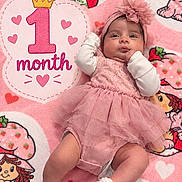 Nyla joined the competition — help win amazing prizes! baby, infant, child, portrait, lying_down, pink, dress, tutu, headband, bow, blanket, hearts, strawberries, cartoon, nursery, celebration, one_month, smiling, indoors, photography
