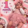 baby, infant, child, portrait, lying_down, pink, dress, tutu, headband, bow, blanket, hearts, strawberries, cartoon, nursery, celebration, one_month, smiling, indoors, photography