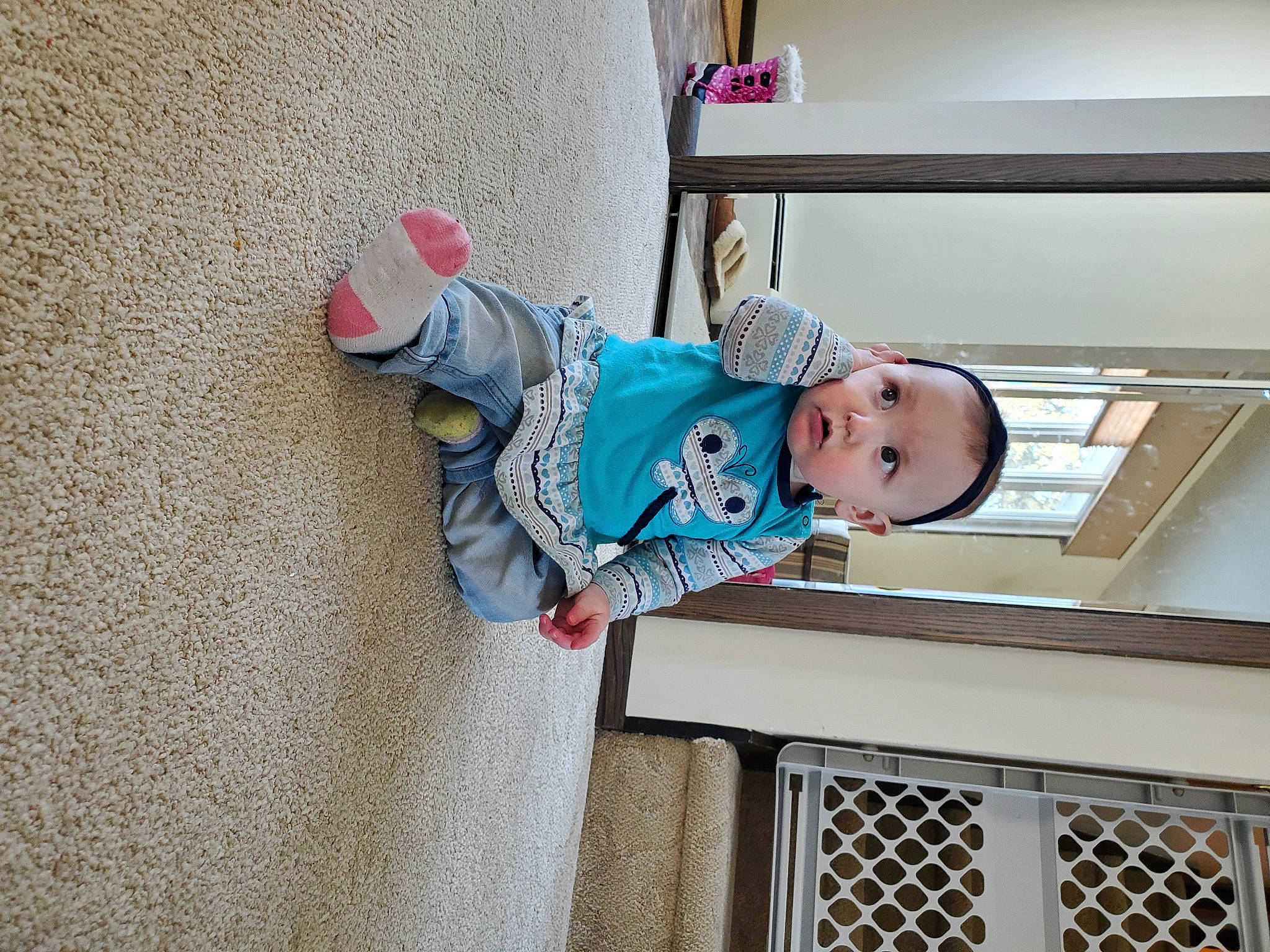 Annabelle joined the competition — help win amazing prizes! baby, baby_products, baby_safety, baby_toddler_clothing, building, child, clothing, comfort, flooring, house, pattern, person, room, shelf, sleeve, smile, surprise, toddler, tree, window