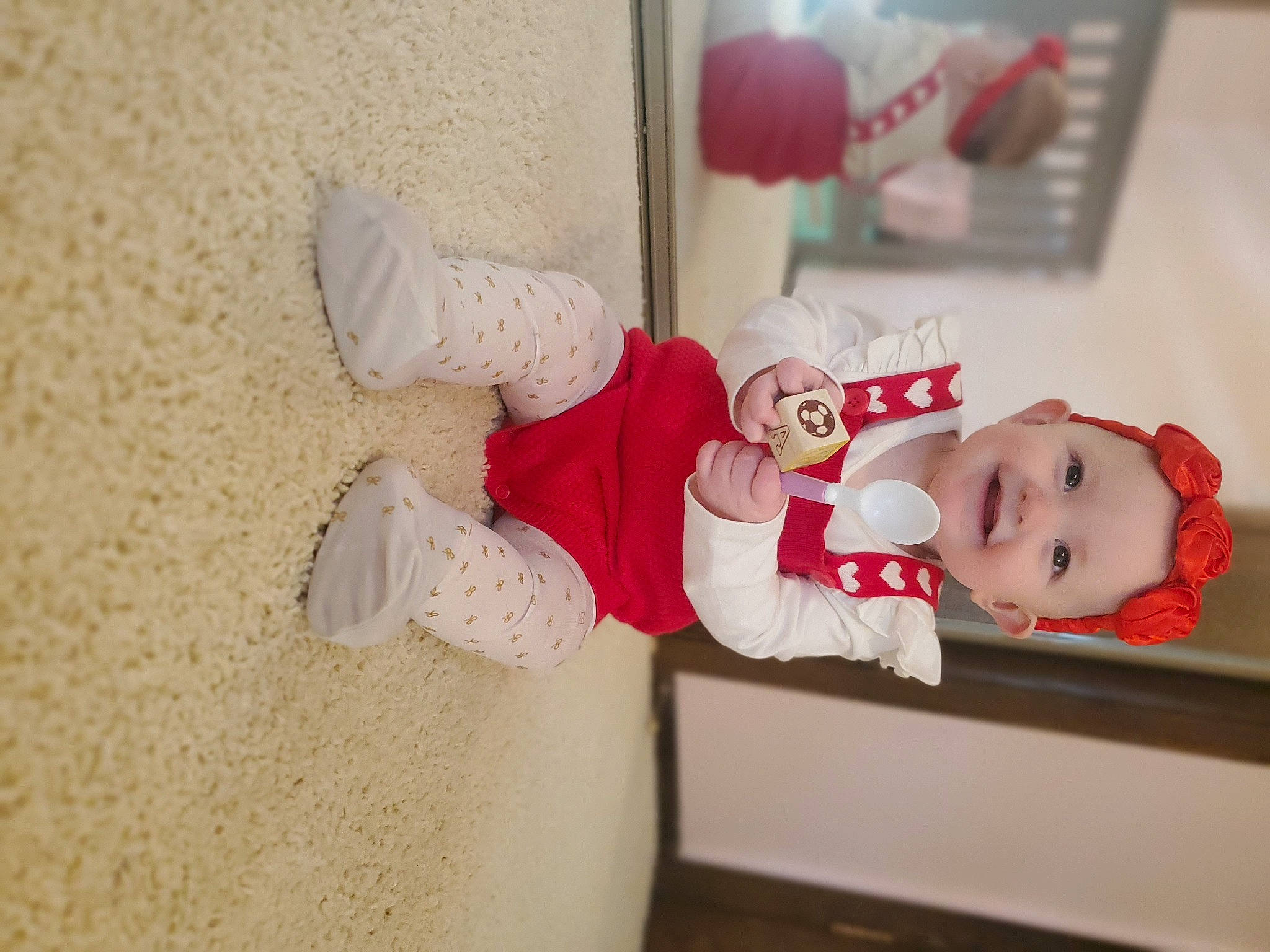 Annabelle joined the competition — help win amazing prizes! baby, baby_safety, baby_toddler_clothing, carmine, child, cleanliness, comfort, costume, flooring, fun, happy, hat, headwear, joy, person, room, smile, sock, toddler