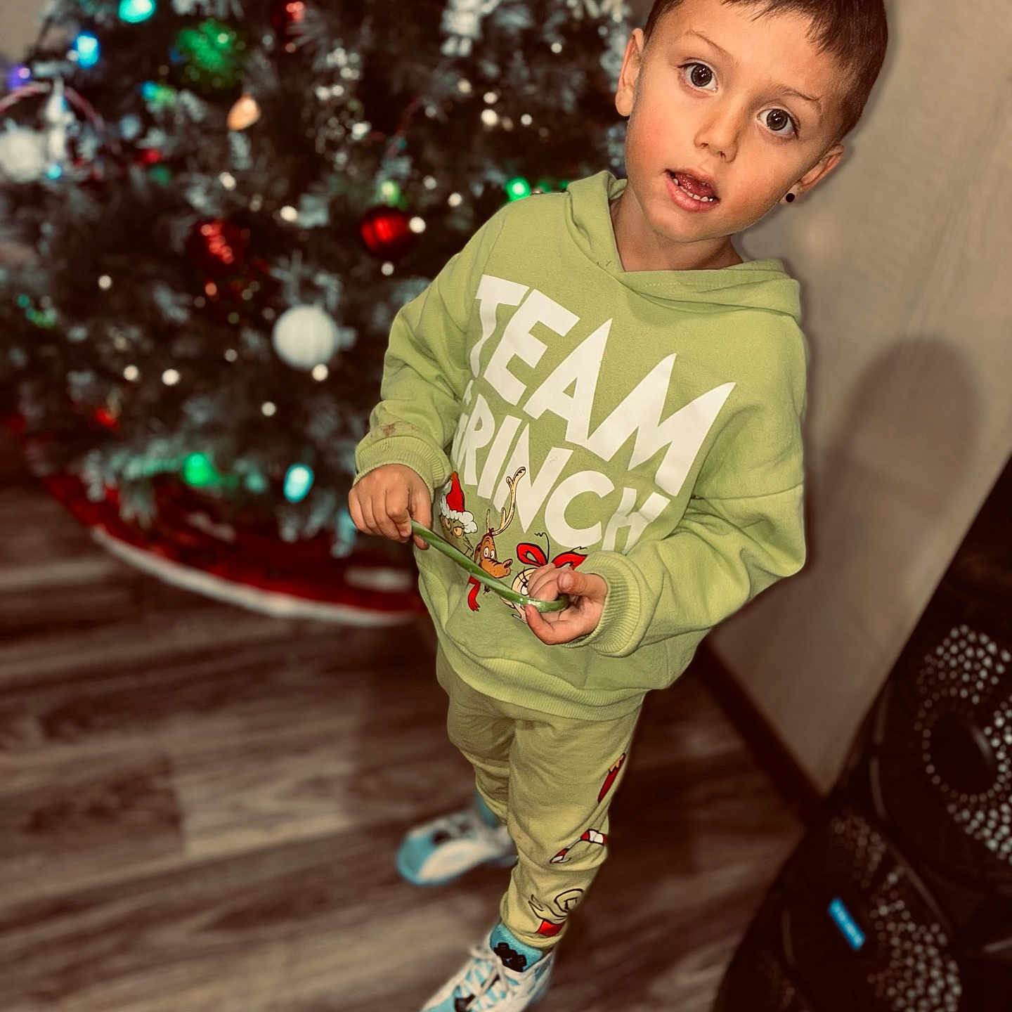 Carson joined the competition — help win amazing prizes! boy, casual_wear, child, christmas_tree, curious_expression, earring, festive, flooring, green_clothing, holding_object, holiday_decorations, home, hoodie, indoor, lights, ornaments, person, sneakers, standing, wooden_floor