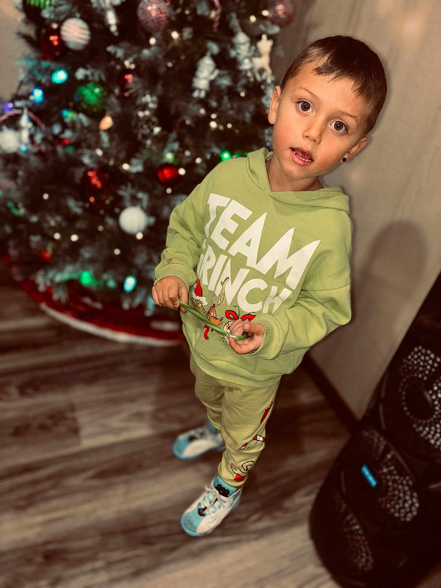 Carson joined the competition — help win amazing prizes! child, boy, hoodie, green_clothing, christmas_tree, holiday_decorations, indoor, flooring, sneakers, curious_expression, holding_object, festive, ornaments, lights, person, standing, wooden_floor, casual_wear, earring, home