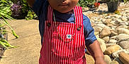 Ace joined the competition — help win amazing prizes! toddler, child, outdoor, sunlight, red_overalls, striped_clothing, blue_shirt, pigtails, gold_chain, holding_hand, garden, plants, rocks, sidewalk, shoes, curious, portrait, person, summer, daylight