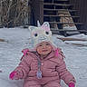 Destiny joined the competition — help win amazing prizes! child, toddler, snow, pink_snowsuit, unicorn_hat, winter, outdoor, stairs, wooden_stairs, cabin, rosy_cheeks, smiling, cold_weather, snowy_ground, playful, cute, winter_clothing, sitting, gloves, pacifier_clip