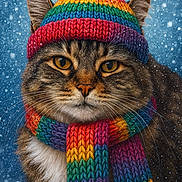 Buddy joined the competition — help win amazing prizes! cat, tabby_cat, winter, snow, snowfall, knit_hat, scarf, rainbow_colors, colorful, portrait, close_up, animal, feline, whiskers, golden_eyes, ears, fluffy_fur, outdoor, cold_weather, festive
