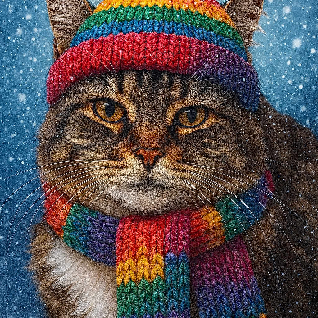 Buddy joined the competition — help win amazing prizes! cat, tabby_cat, winter, snow, snowfall, knit_hat, scarf, rainbow_colors, colorful, portrait, close_up, animal, feline, whiskers, golden_eyes, ears, fluffy_fur, outdoor, cold_weather, festive