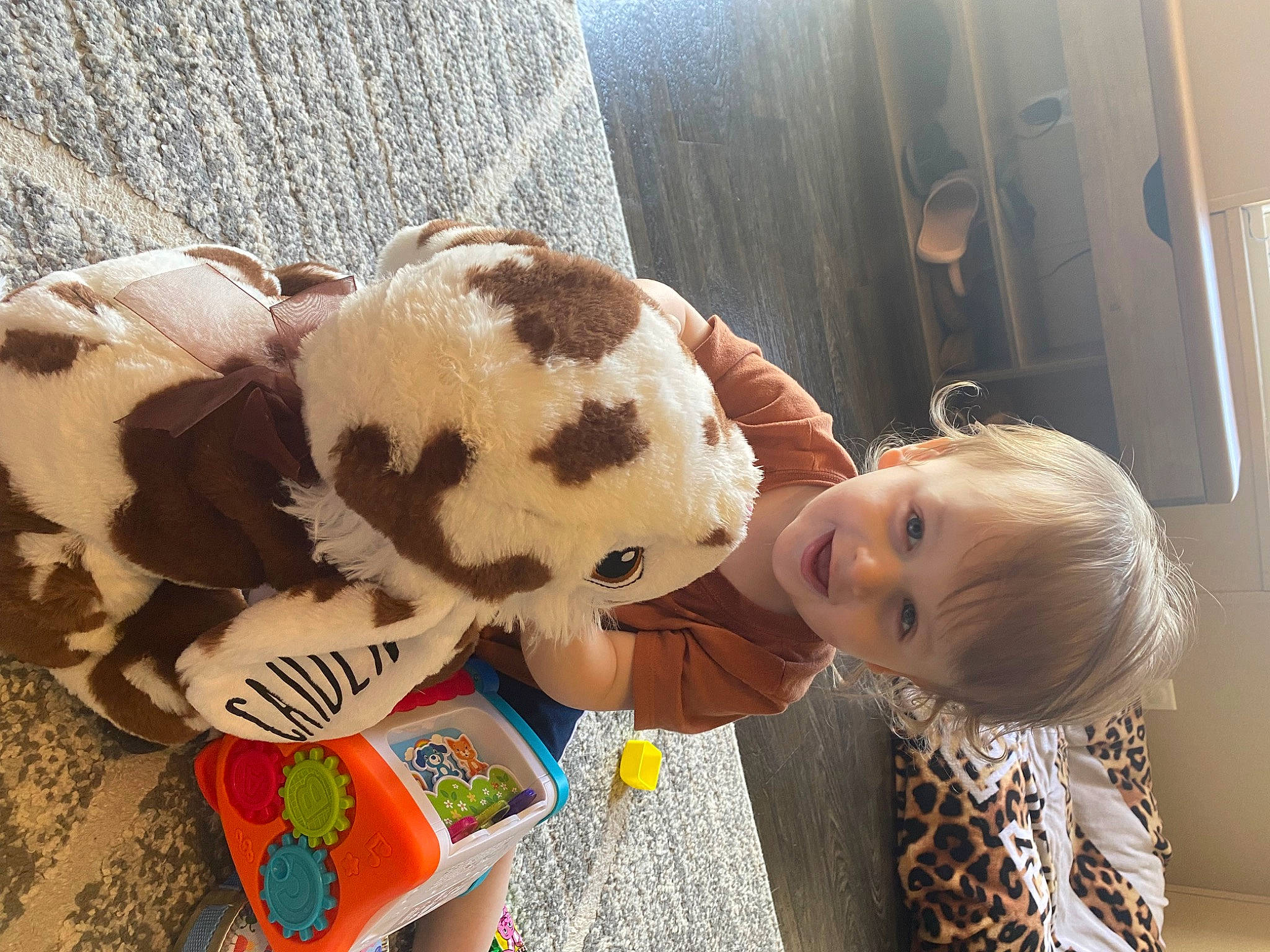 Caiden is registered to the contest to win money with this photo: baby, baby_toddler_clothing, baby_toys, child, companion_dog, fawn, fun, fur, happy, holiday, pattern, person, play, plush, stuffed_toy, teddy_bear, toddler, toy, tree, wood