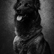 Rafale participe au concours pour gagner de l'argent avec cette photo : dog, portrait, black_and_white, fluffy, ears, tongue, happy, studio, fur, pet, animal, close_up, sitting, canine, expression, collar, detailed, texture, background, monochrome