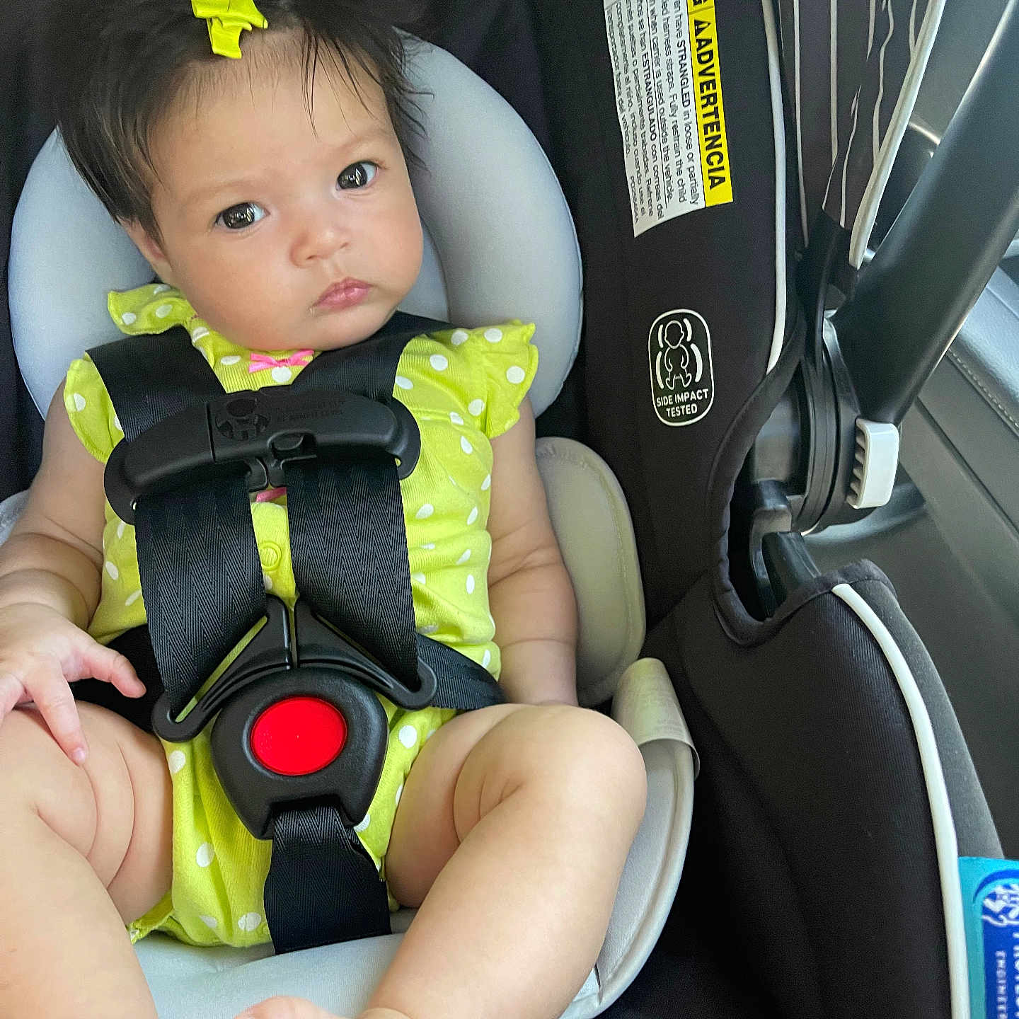 Olivia Rose is registered to the contest to win money with this photo: baby, child, car_seat, safety_harness, yellow_bow, polka_dot_clothing, infant, seatbelt, cute, portrait, indoors, person, face, head, skin, feet, legs, hair, expression, car_interior