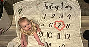 Nova is registered to the contest to win money with this photo: baby, infant, milestone_blanket, months, floor, curious, looking_up, clothing, home_interior, toy, stuffed_animal, wooden_floor, patterned_blanket, sitting, child, cute, young, indoors, person, celebration