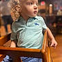 Gunner is registered to the contest to win money with this photo: blond_hair, blue_shirt, bokeh, candid, child, closeup, curly_hair, family, high_chair, indoor, jeans, person, polo_shirt, portrait, profile_shot, restaurant, sitting, soft_lighting, toddler, wooden_chair