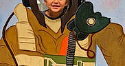 Jafet is registered to the contest to win money with this photo: child, smiling, face, cutout_board, pilot_costume, painting, hands_on_hips, playful, vintage, goggles, flight_suit, brown_gloves, orange_vest, green_belt, blue_sky_background, indoor, fun, portrait, happy, costume