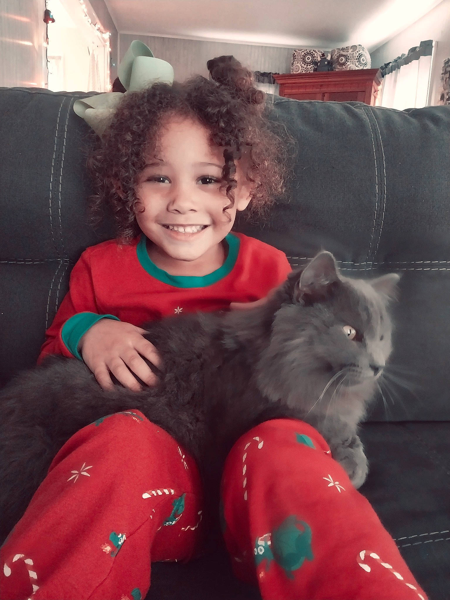 Avyanna joined the competition — help win amazing prizes! carnivore, cat, child, comfort, couch, electric_blue, facial_expression, felidae, fun, happy, head, joy, lap, person, red, sitting, sleeve, small_to_medium_sized_cats, smile, thigh