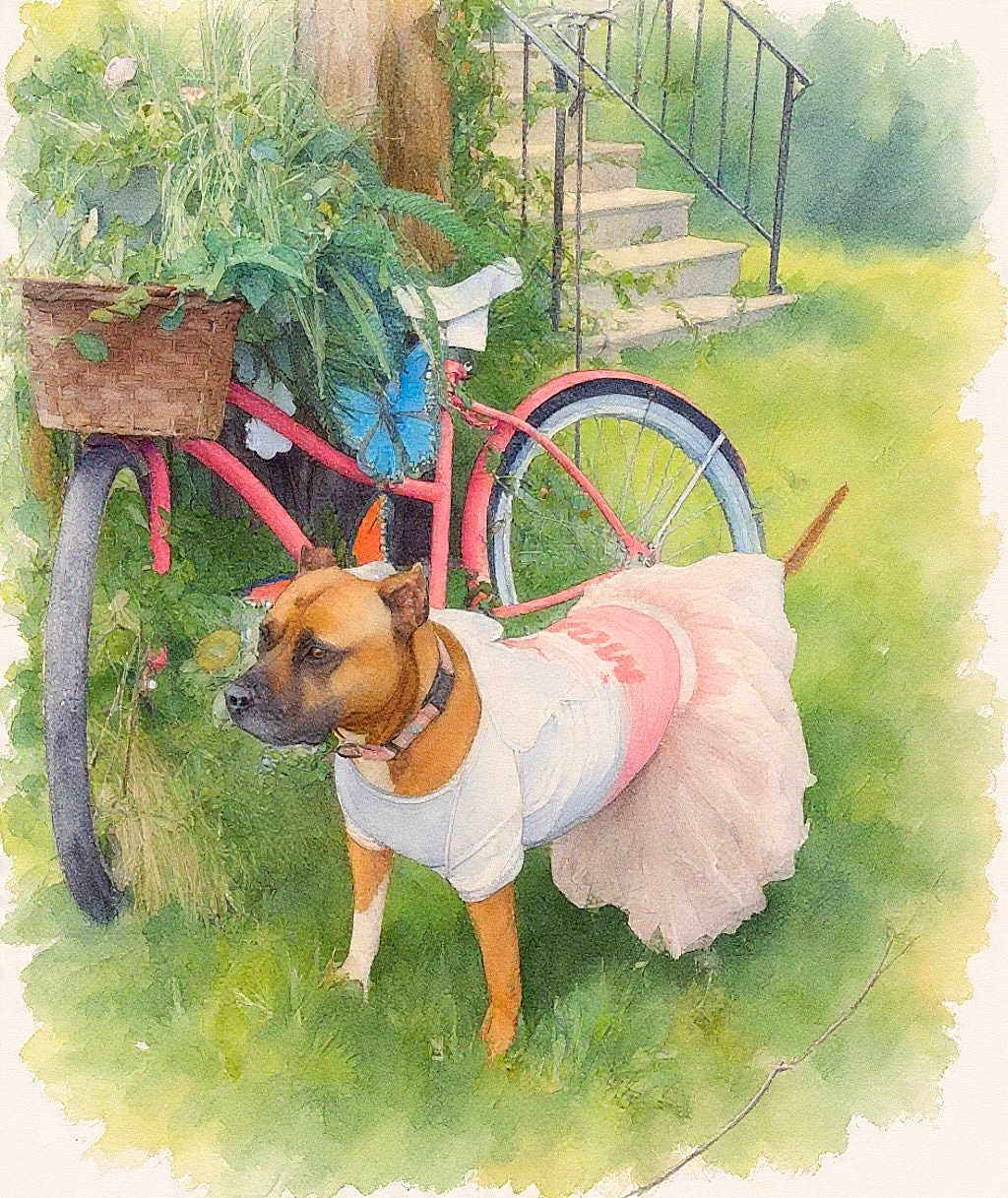 Channel is registered to the contest to win money with this photo: dog, tutu, costume, bicycle, basket, garden, grass, plants, stairs, outdoor, greenery, pet, animal, pink, white, nature, leafy, cute, summer, vintage