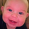 Waylon is registered to the contest to win money with this photo: baby, baby_teeth, bald_head, blue_eyes, car_seat, cheeky_grin, chubby_cheeks, close_up, drool, ear, face, happy_expression, indoor, infant, joyful, mouth, onesie, portrait, skin, smiling