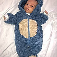 Kaïss participe au concours pour gagner de l'argent avec cette photo : baby, infant, onesie, blue, beige, fluffy, costume, bear, feet, face, expression, lying_down, blanket, white, child, cute, clothing, hood, portrait, indoor