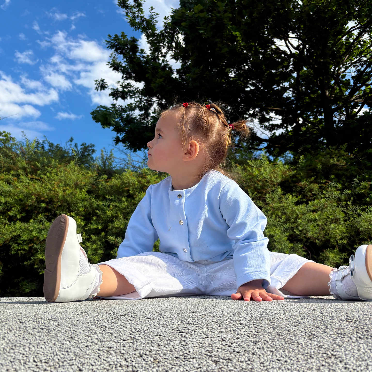 Angelina participe au concours pour gagner de l'argent avec cette photo : child, toddler, outdoor, blue_sky, clouds, greenery, tree, pigtails, white_shoes, white_pants, blue_top, sitting, curious, sunny_day, nature, grass, young_child, portrait, casual_clothing, playful