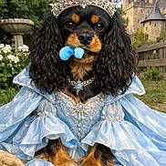 Violette a rejoint le concours — aidez-le/la à gagner de superbes lots ! accessory, blue_dress, castle, close_up, costume, crown, dog, flowers, fur, garden, grass, jewelry, outdoors, paws, plush_toy, portrait, regal, royal, spaniel, tiara