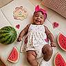 baby, infant, smiling, watermelon, fruit, milestone, headband, dress, cushion, pink, cute, lying_down, chubby_arms, chubby_legs, white_socks, indoor, happy, portrait, child, two_months