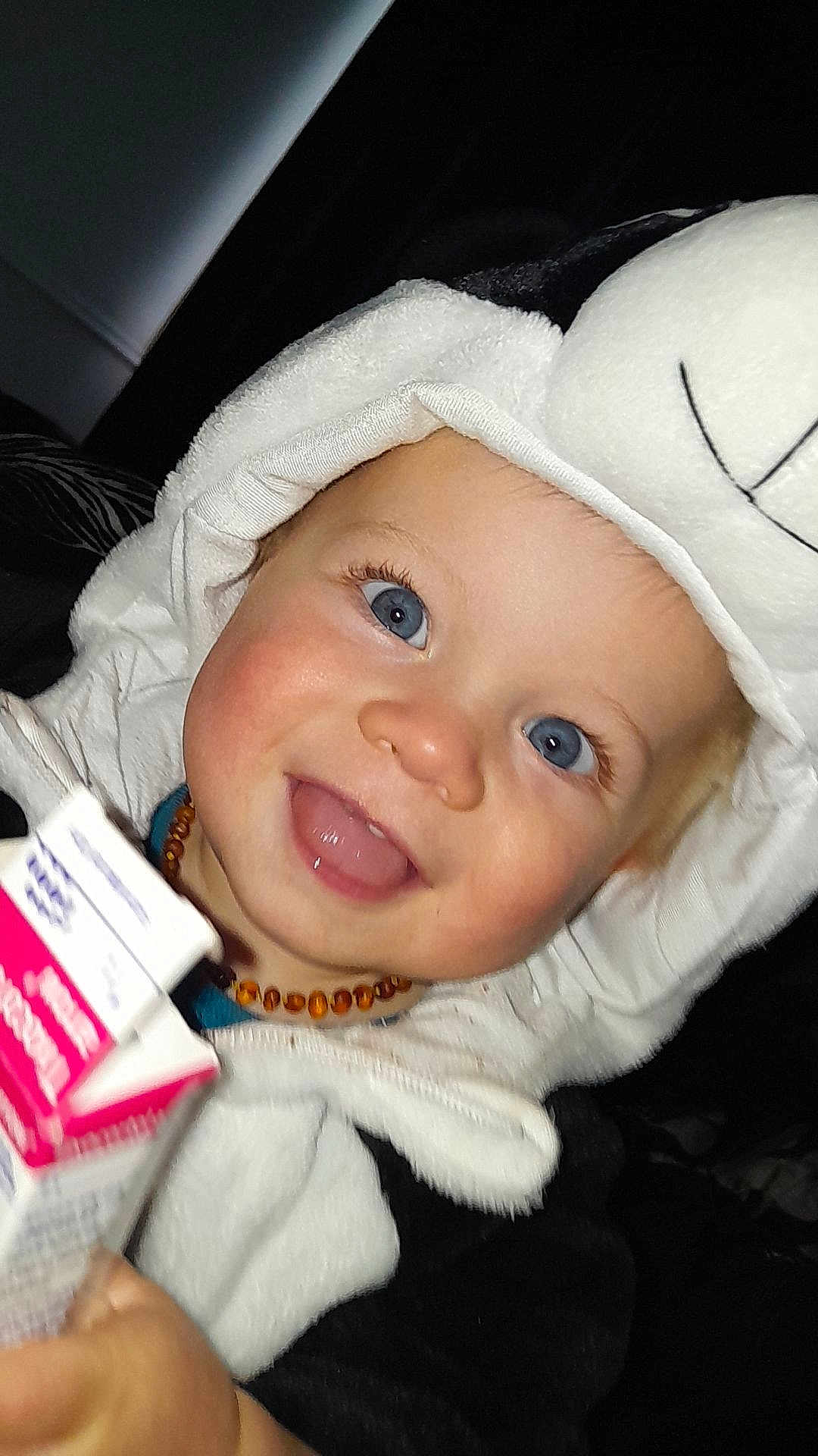 Axel participe au concours pour gagner de l'argent avec cette photo : baby, child, smiling, blue_eyes, panda_costume, hood, milk_carton, cute, happy, face, portrait, indoor, infant, clothing, hand, necklace, closeup, cheerful, baby_beads, young_child