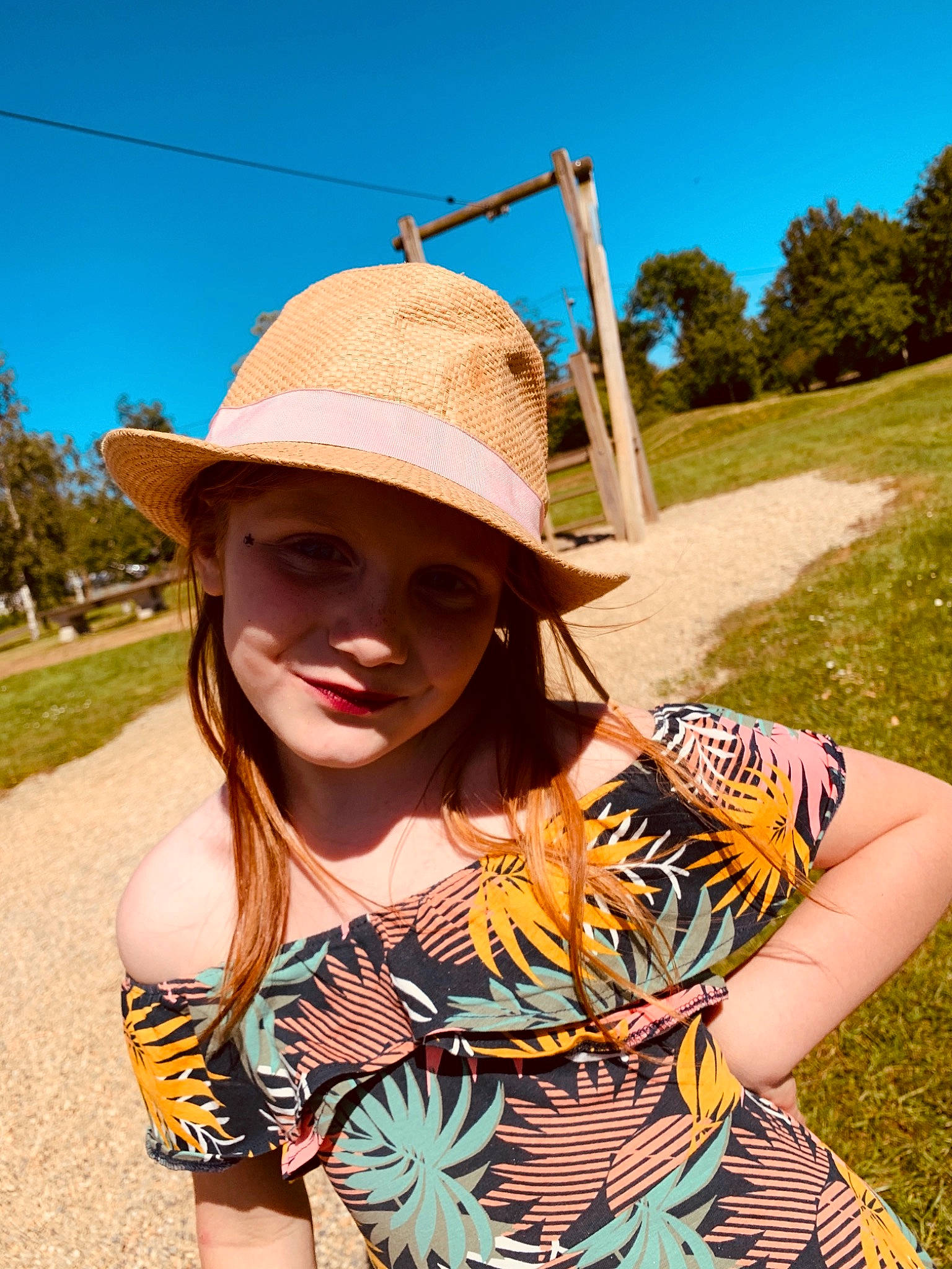 Willow participe au concours pour gagner de l'argent avec cette photo : azure, blue, cool, eyewear, fawn, fun, grass, happy, hat, headwear, landscape, light, people_in_nature, person, plant, shoulder, sky, street_fashion, summer, sun_hat