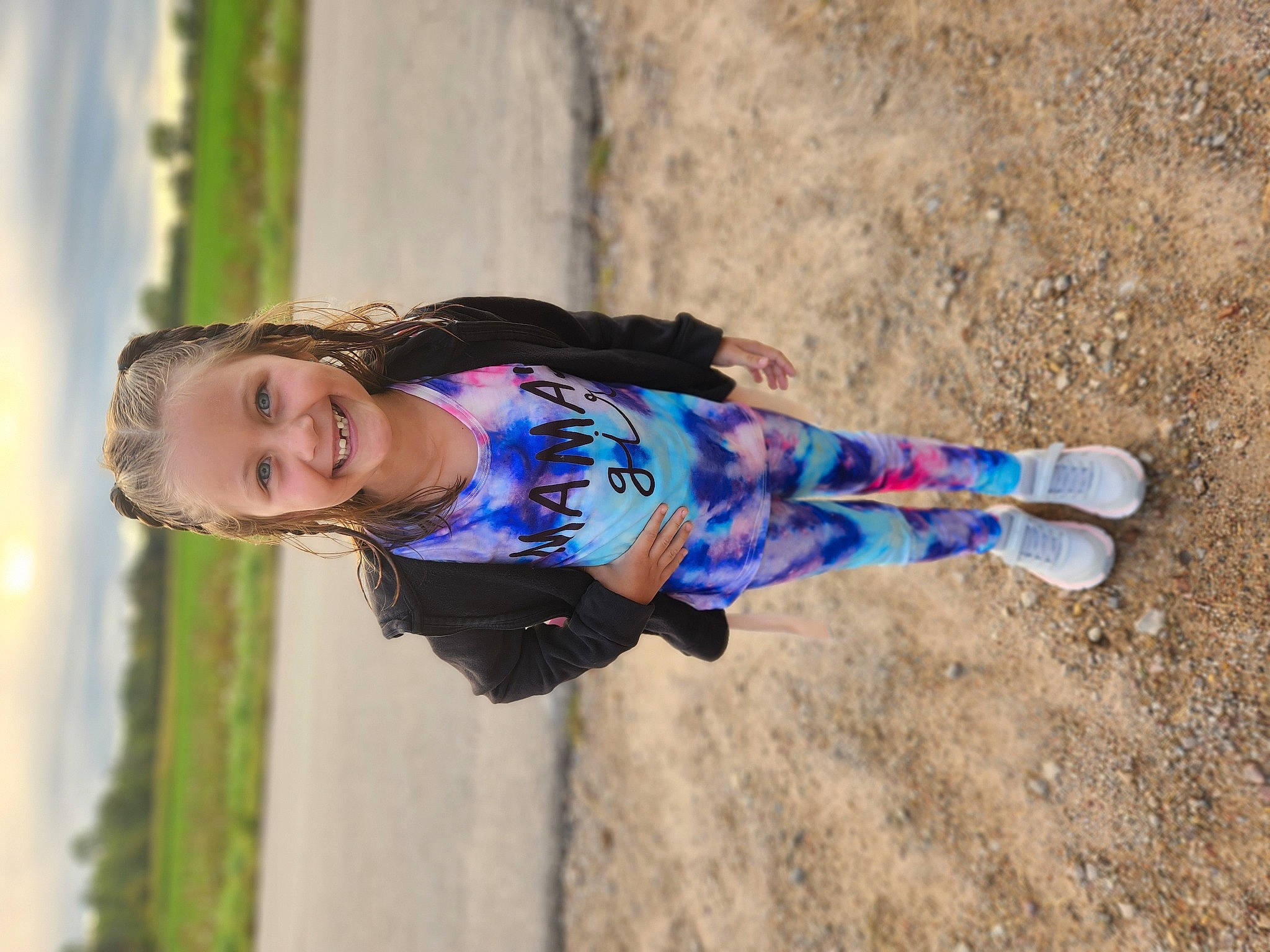 Cora joined the competition — help win amazing prizes! child, electric_blue, fun, grass, happy, joy, landscape, leisure, people_in_nature, person, recreation, sand, shadow, sky, smile, sock, soil, toddler, tree, water