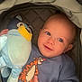 baby, child, stuffed_toy, penguin, blue_sweater, tigger, winnie_the_pooh, smile, stroller, cozy, cute, hand, face, eyes, infant, soft_toy, clothing, portrait, indoors, happy