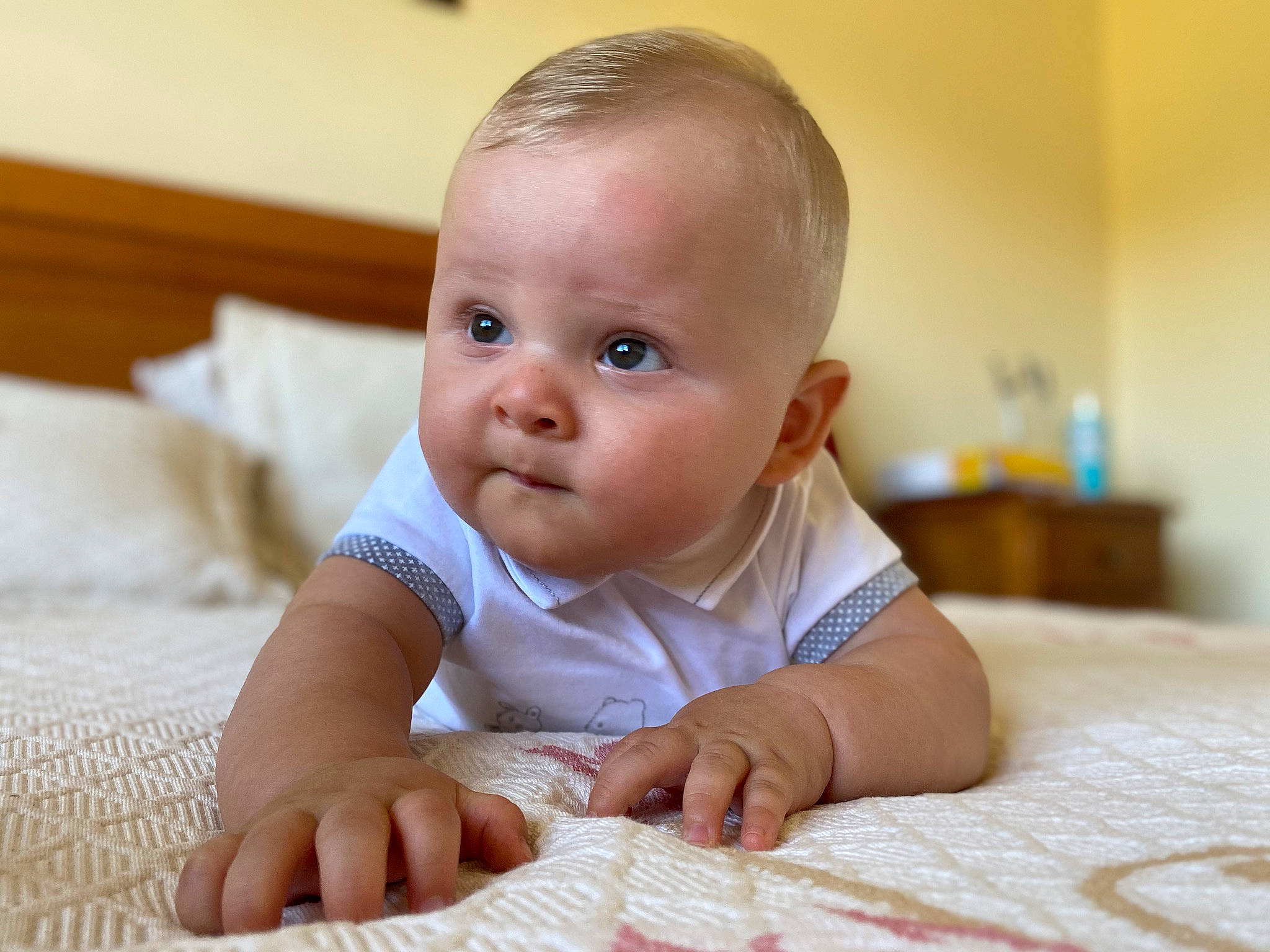 Telio a rejoint le concours — aidez-le/la à gagner de superbes lots ! baby, cheek, child, chin, crawling, face, finger, flooring, hand, mouth, nose, person, sitting, skin, smile, surprise, toddler, tummy_time