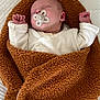 baby, sleeping, pacifier, blanket, brown, white, infant, cute, soft, cozy, child, face, hand, clothing, texture, resting, bed, comfort, portrait, indoors