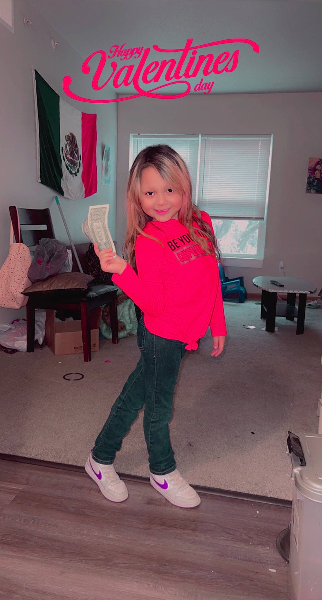 Maliah is registered to the contest to win money with this photo: carbonated_soft_drinks, event, floor, flooring, fun, happy, human_leg, joy, knee, leisure, logo, magenta, person, pink, recreation, room, sandal, sneakers, sportswear, t_shirt