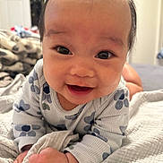 Phoenix is registered to the contest to win money with this photo: baby, smiling, face, infant, blanket, clothing, cute, happy, lying_down, indoors, child, portrait, person, young, soft_light, cozy, baby_girl, baby_boy, home, toddler