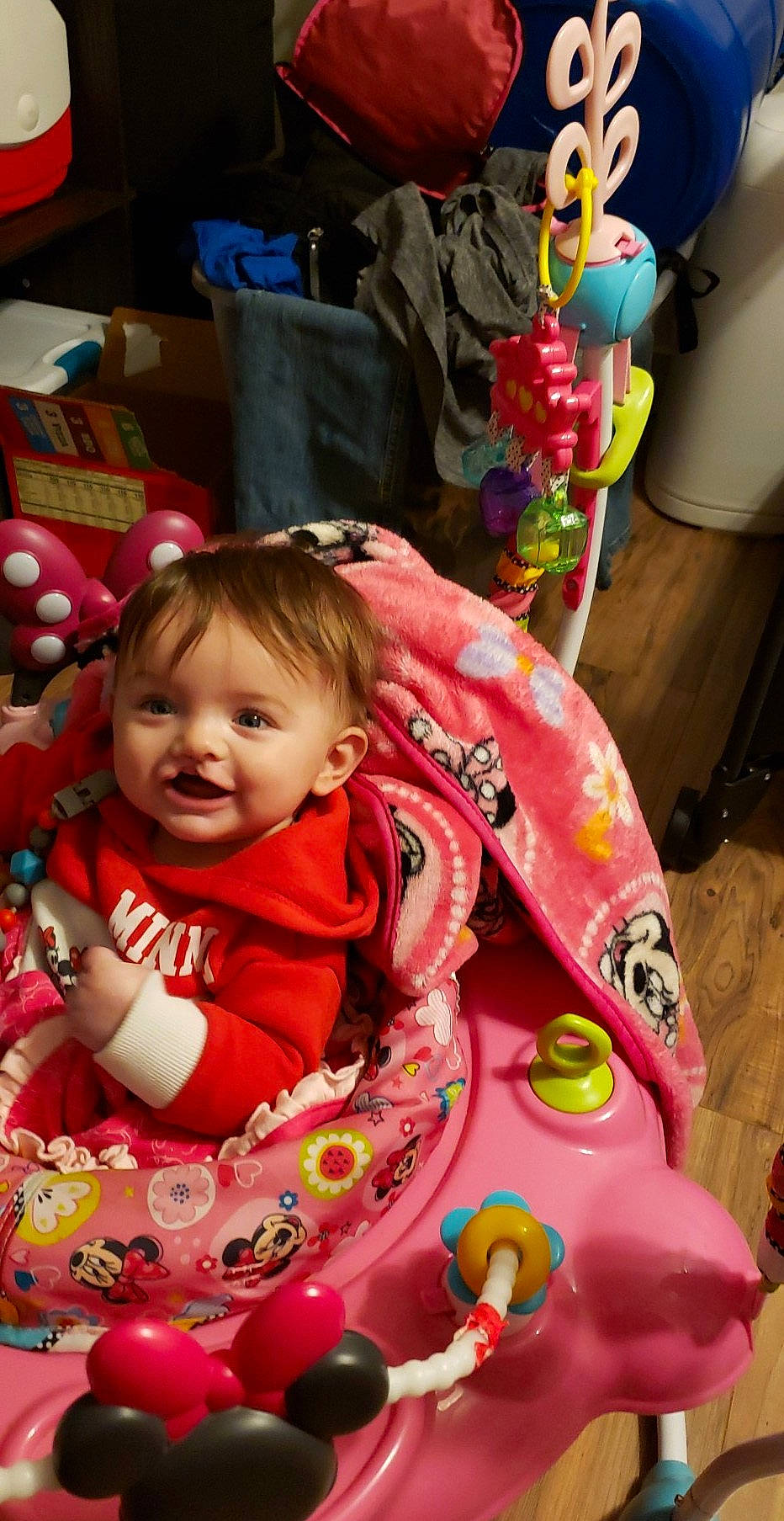 Alison is registered to the contest to win money with this photo: baby, baby_products, baby_toddler_clothing, baby_toys, box, cheek, child, person, pink, shipping_box, toddler, toy