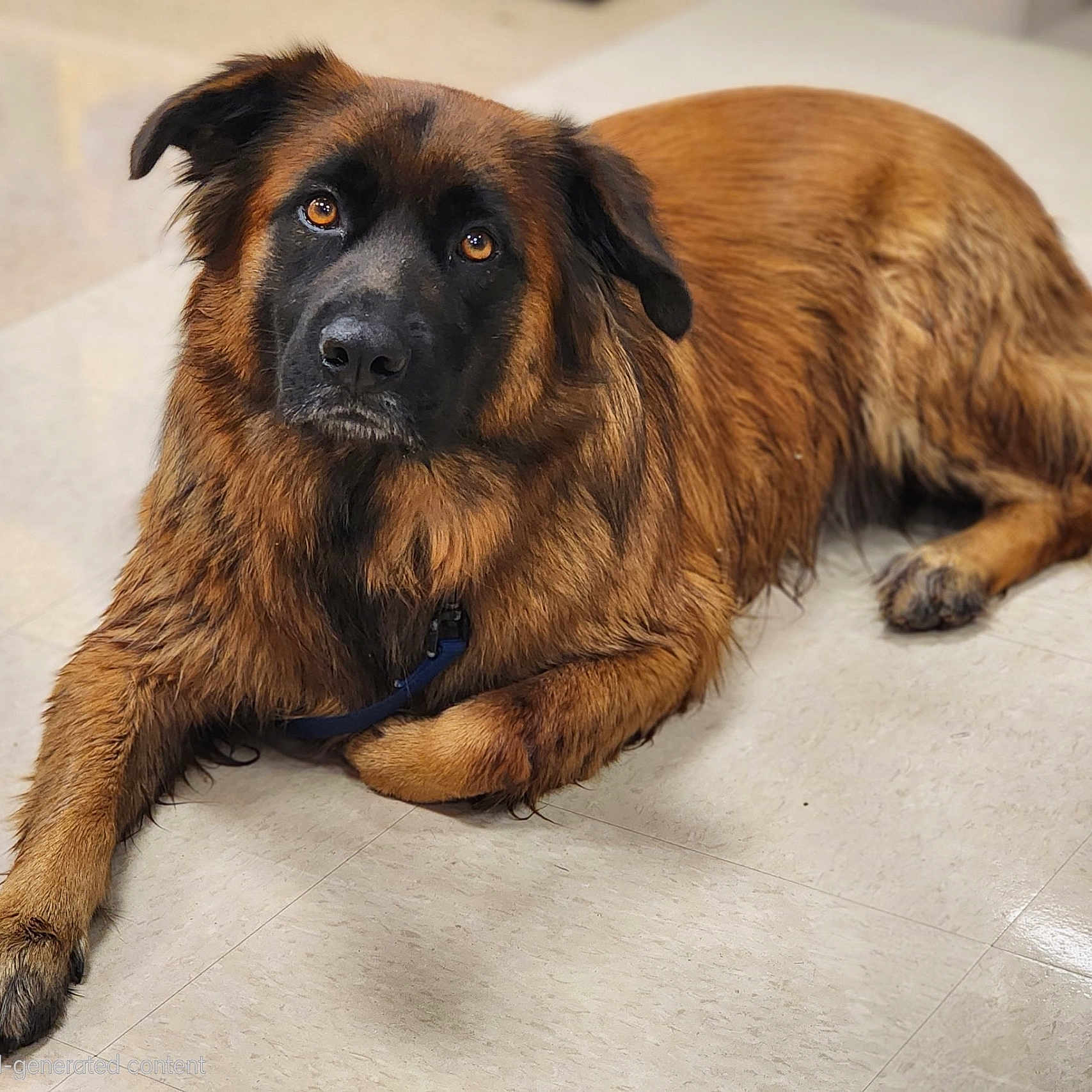 Bon Jovi is registered to the contest to win money with this photo: animal, black_face, brown_coat, calm, canine, closeup, companion, dog, domestic_animal, ears, floor, fur, indoor, looking_up, lying_down, mammal, paws, pet, portrait, relaxed