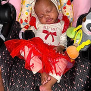 Truly joined the competition — help win amazing prizes! baby, bow, car_seat, child, clothing, cute, dress, fabric, footwear, headband, indoors, infant, pattern, peaceful, plush_toy, portrait, red, sleeping, toy, white