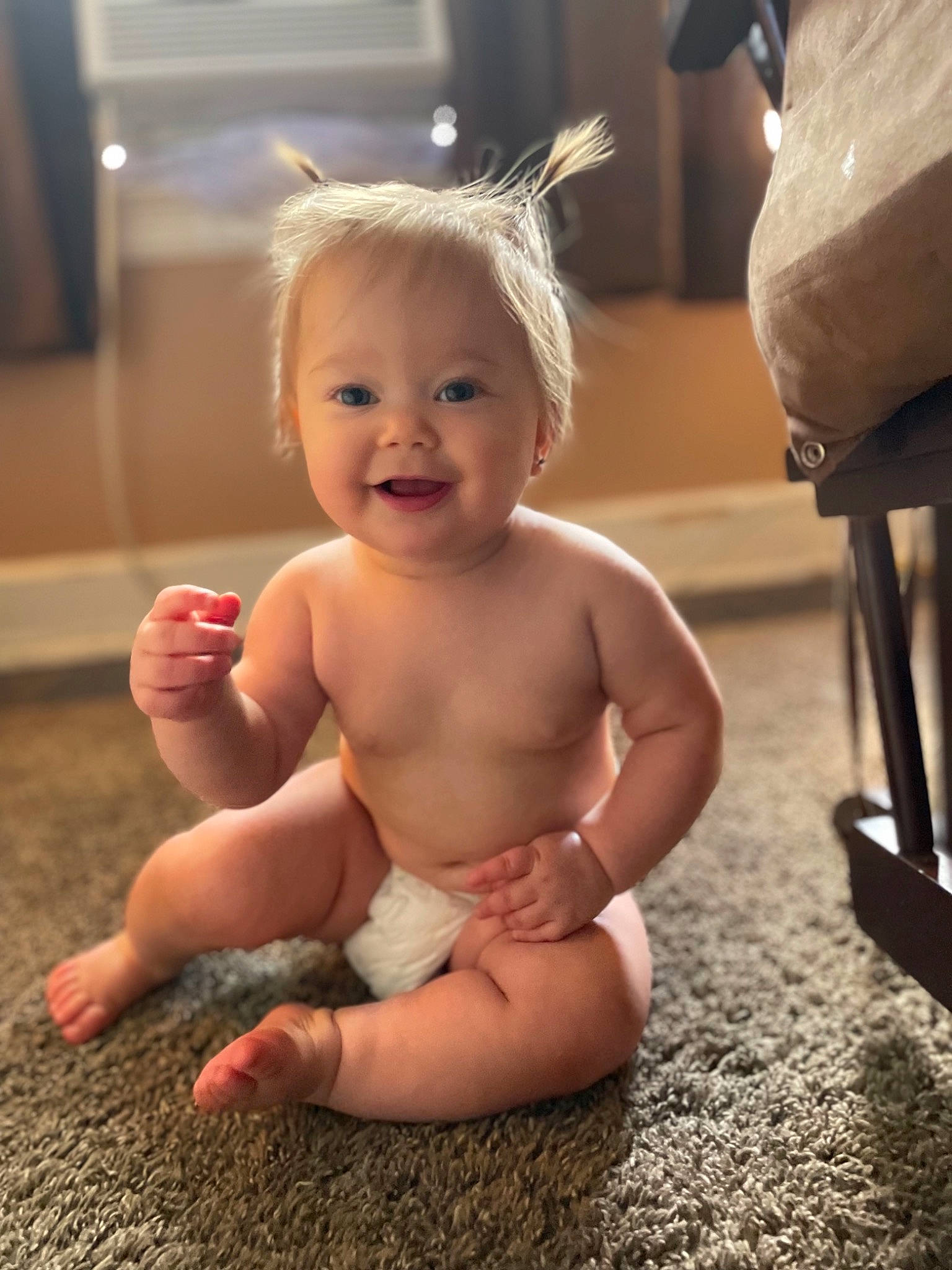 Arlyn is registered to the contest to win money with this photo: baby, cheek, chin, eye, finger, floor, fun, happy, head, human_body, iris, joy, lip, mouth, nose, person, skin, smile, standing, thumb